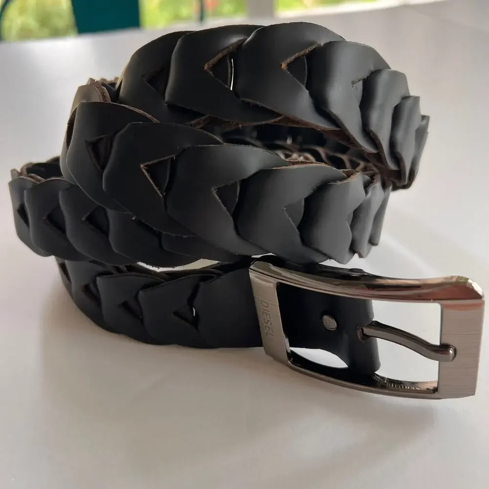Diesel Black Braided Leather Belt Extra Long 58” Gunmetal Buckle Boho Punk